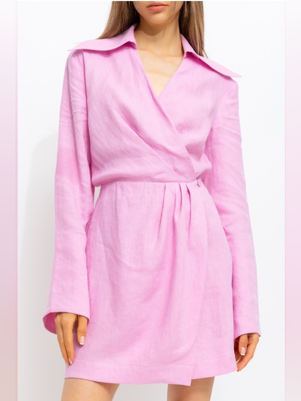 Nanushka Esma Linen Mini Wrap Dress bubblegum pink collared open back preppy